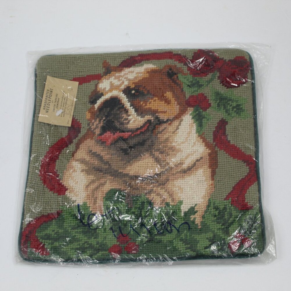 Bulldog Red Ribbon Handcrafted Needlepoint Pillow Cover Zipper Velvet Backing